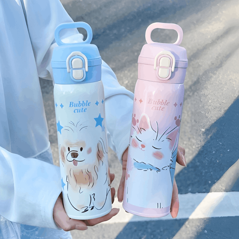 h (7) Double-Drink Pop-Top Lid, Cute and Good-Looking Thermos Cartoon Water Bottles - Image 1