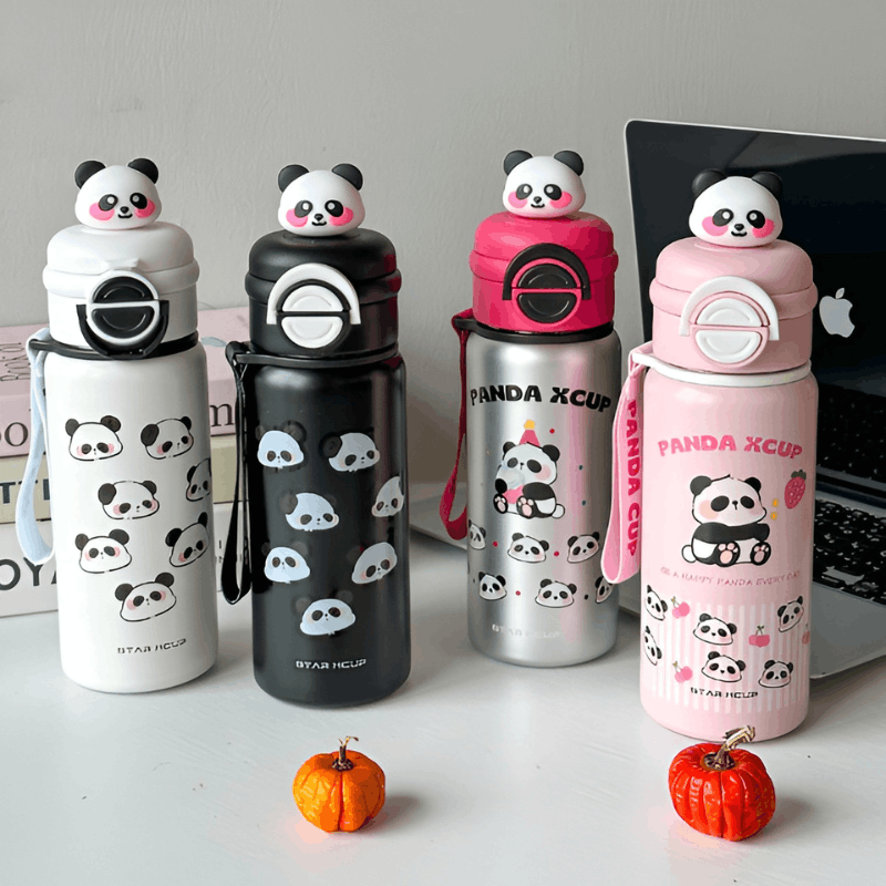 i (2) Panda Thermos Stainless Steel Kidsren's Student Portable Straw+Rope Water Kettle - Image 1