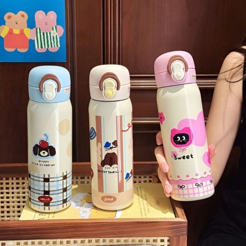 k (3) Cartoon Thermos for Students, Portable New Water Bottle Stainless Steel Double Drinking Straw Cup - Image 1